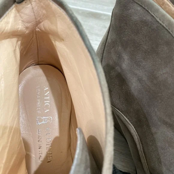 Antica Cuoieria Suede Taupe Neutral Platform Wedge Retro Lace Up Bootie.
